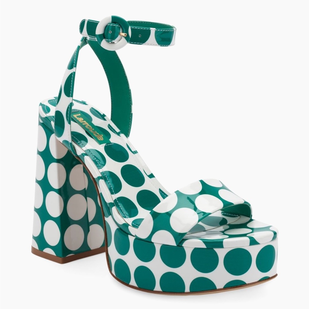 Larroudé Dolly white and green polka dot patent leather platform sandals - Picture 2 of 5